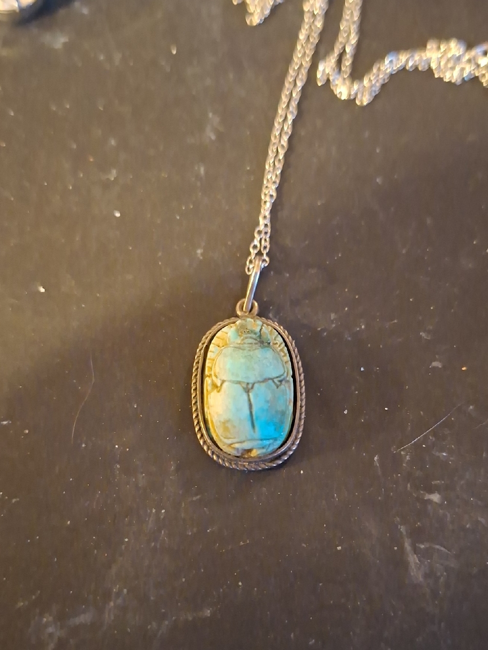 Egyptian Revival Scarab With Hieroglyphs,Sterling Silver Frame & Chain